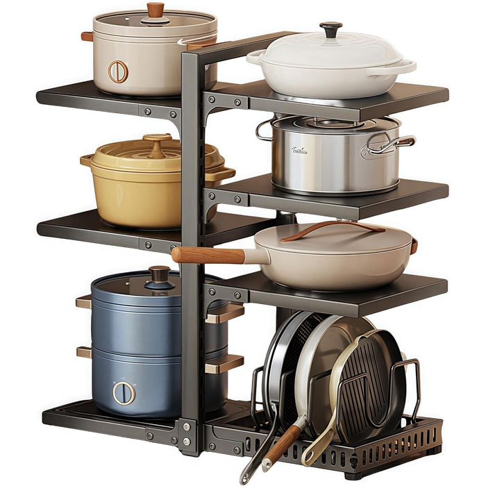 Органайзер для каструль HIMKI для шафи з регульованими відділеннями, тримач для каструль 4/5/7 рівнів, підставка для каструль з тримачем для кришки для кухонної шафи (7 рівнів, чорний)