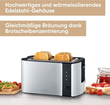 Автоматичний тостер SEVERIN з довгим слотом на 4 скибочки тостів, тостер з насадкою для булочки, високоякісний тостер з нержавіючої сталі з великими камерами для обсмажування та потужністю 1 400 Вт, матова нержавіюча сталь/чорний, AT 2590