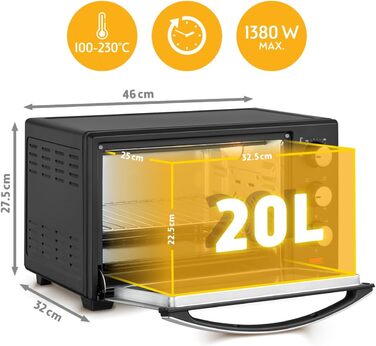 Міні-духівка 20 л 1380 Вт - Міні-духівка з плавним контролем температури до 230C - Міні-духівка з таймером на 60 хвилин, 3 рівнями висоти полиць, деком та решіткою для гриля - Для невеликих кухонь та кемпінгу