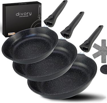 Набор из 3 сковород 20,24,28 см со съемными ручками, черные DIVORY