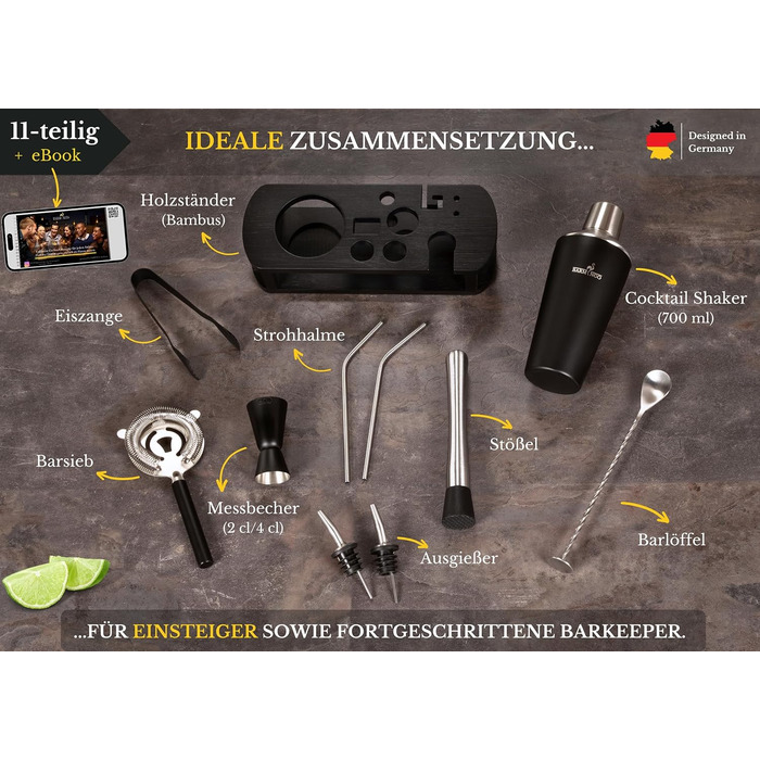 Коктейльний набір з нержавіючої сталі 700 мл з підставкою та барними аксесуарами BARMINGO