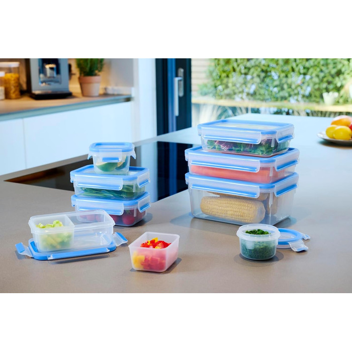 Набір контейнерів для зберігання продуктів EMSA Clip & Close, прямокутні, 5 x 0,8 л, коробки для зберігання, 100 герметичні, придатні для миття в посудомийній машині, морозильній камері та мікрохвильовій печі, прозорі, сині, зроблені в Німеччині, N10307 (