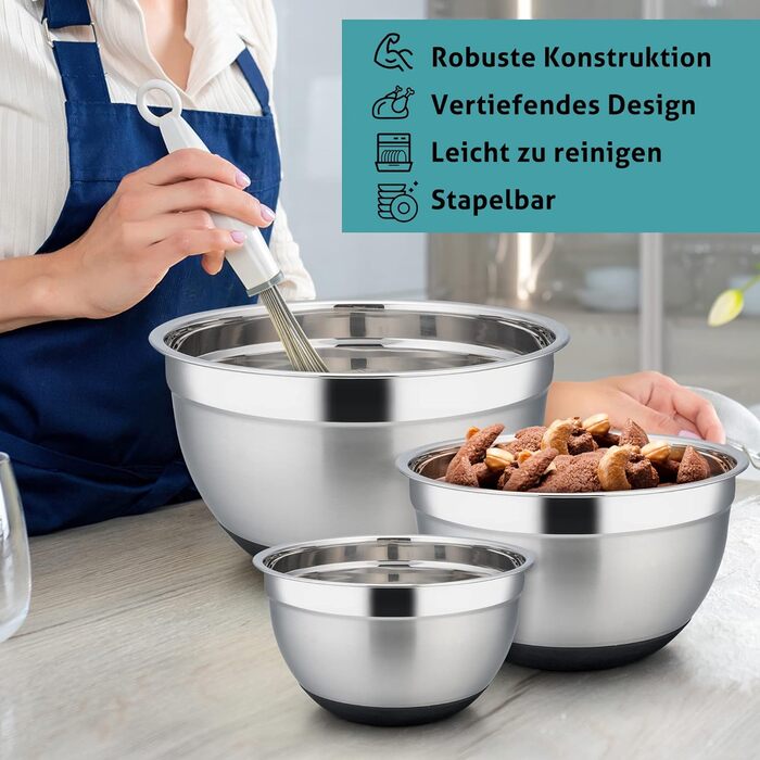 Миска для змішування Herogo, набір салатниць з нержавіючої сталі з 5 предметів із чорною кришкою та нековзною силіконовою основою, набір металевих мисок для випічки, нержавіючої та посудомийної машини (4.5/2.7/1.5/1.2/0.7 л) Чорний 5