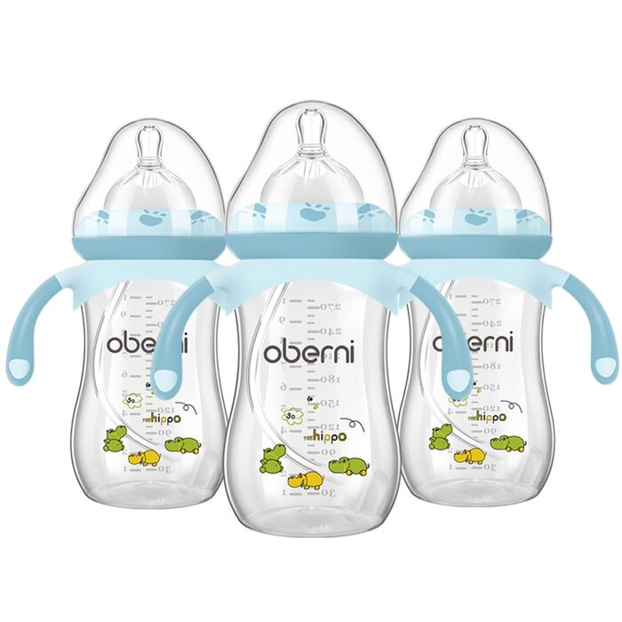 Пляшечки дитячі 270мл з соскою NaturalWave для новонароджених від 12 місяців, антиколікова пляшечка для молока з обтяженою соломинкою без повітря, ручки, (сині, 3 шт.)