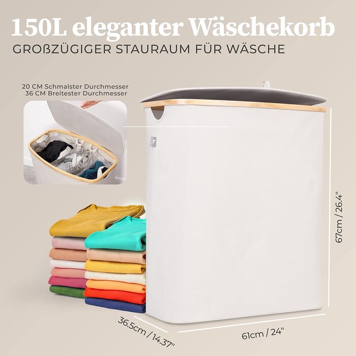 Ящик для белья Hennez 150 л - Корзина для белья 3 отделения - Крышка - Сортировщик белья с мешком для белья - Корзины для белья - бежевый бамбук - Контейнер для белья - Система сортировки белья - Сборник для белья 4) 150л Бежевый