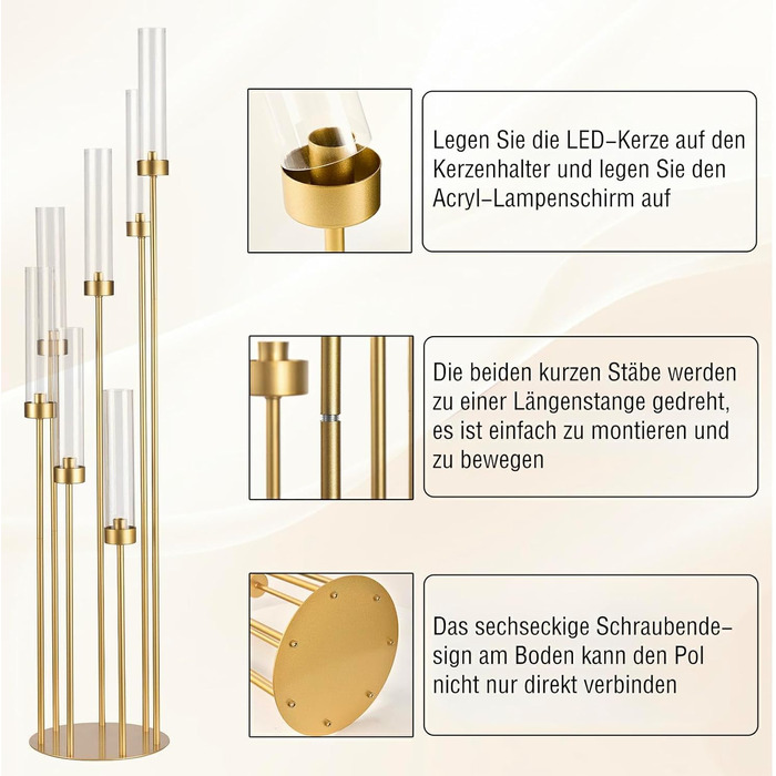 Ручний свічник для весільного столу, свічка заввишки 100 см з акриловим абажуром для прикраси дому на день народження, Хелловін, Різдво, підходить для світлодіодних конічних свічок 100 см, п&39ять головок (золотий, 123 см сім головок), 5-