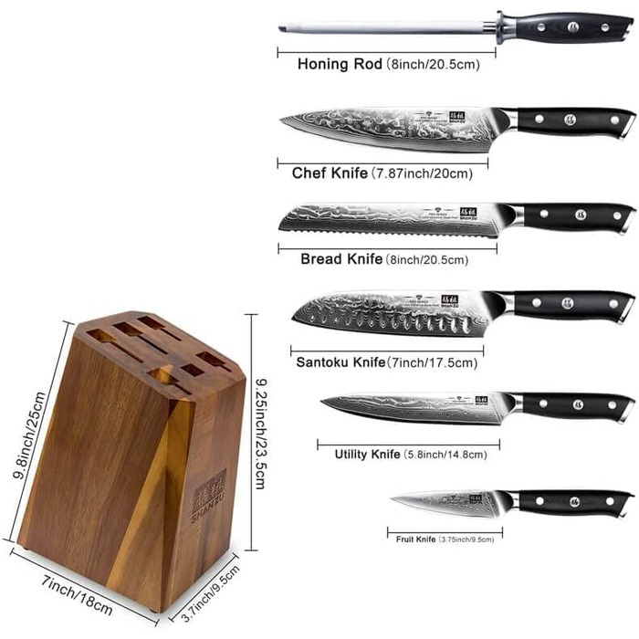 Набір кухонних ножів з дамаської сталі з блоком, 6 предметів PRO SHAN ZU
