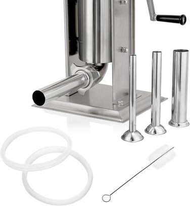 Професійна машина для наповнення ковбас Zelsius з нержавіючої сталі (3 літри, срібло) чотири різні труби для наповнення, наповнювач для ковбас, прес для ковбас, ковбасна машина з 2-швидкісним редуктором, вентиляційним клапаном і рукояткою