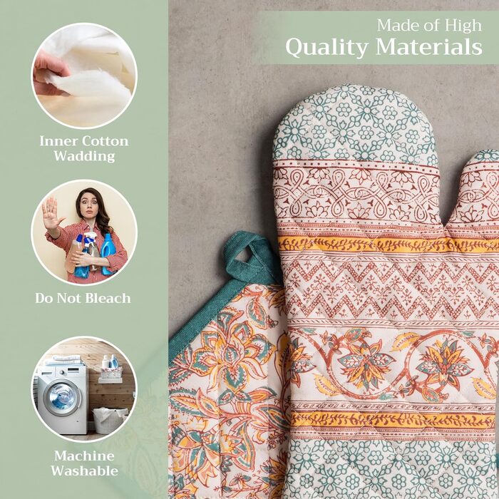 Рукавички для духовки, прихватки для каструль Maison d&39 Hermine, 100 бавовна, термостійкі кухонні рукавички, рукавички для духовки (19 x 33 см) та прихватки для каструль (20 x 20 см) для приготування їжі, Морзін - Рукавички для духовки (19 x 33 см) та п