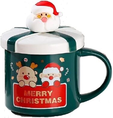 Рождественская кружка 400 мл с крышкой и ложкой, зеленая с принтом Санты с оленем SuperglockT