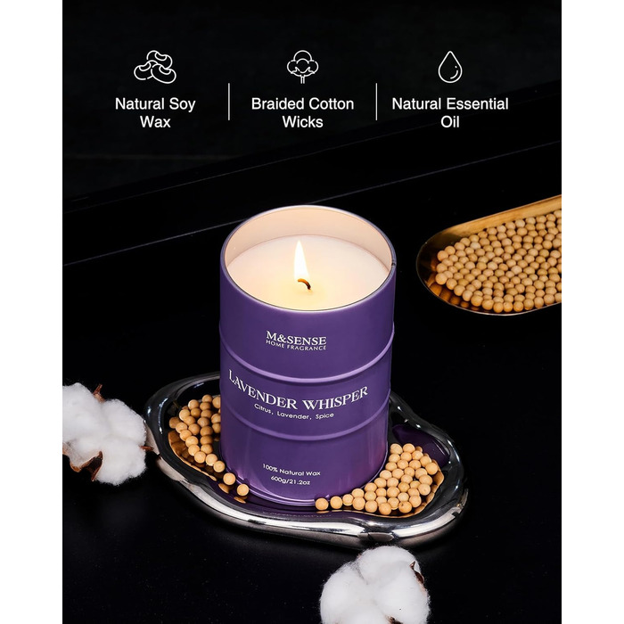 Ароматичні свічки M&SENSE з натурального соєвого воску, натуральна соєва свічка для домашнього декору, тривалий час горіння до 70 годин, класні подарунки-свічки для чоловіків і жінок (600 г, шепіт лаванди)