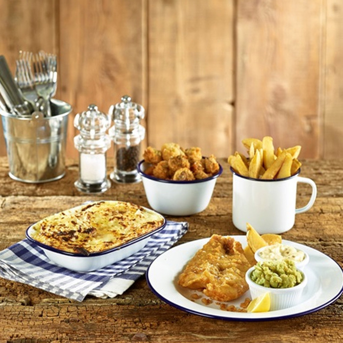 Страва емальована, 20х15х4, 5 см біла з синім обідком, GenWare