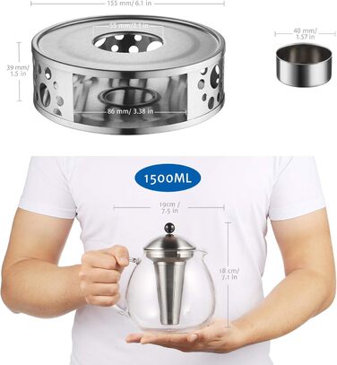 Скляний чайник 1500 мл із ситечком для чаю з нержавіючої сталі, велике боросилікатне скло Glastal