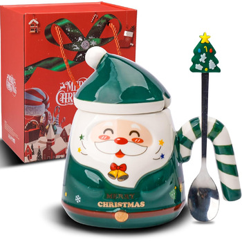 Різдвяна кружка, з ручками у формі цукерок та ложкою у формі ялинки 400 мл. ZONSUSE