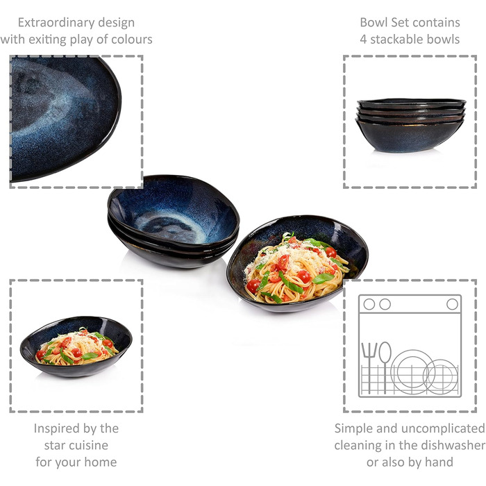 СПІВАЧКА Тарілка для пасти Токіо 4 шт., Тарілка для спагетті 4 персони, Набір посуду з кераміки Макарони, Тарілка з локшиною Можна мити в посудомийній машині, Миска для макаронів ручної роботи, Миска для макаронів синьо-чорна з коричневими вставками Набір