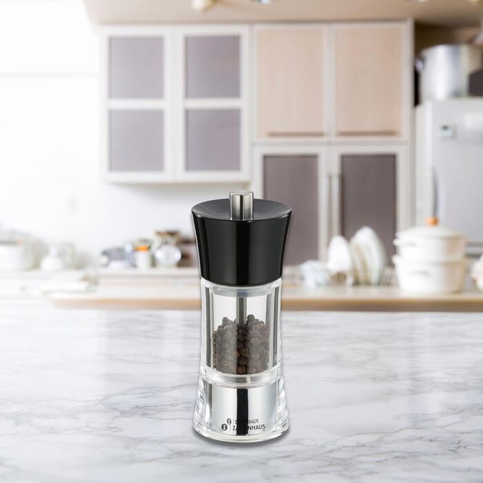 Регульований помел від дрібного до грубого, Керамічна шліфувальна машина Zassenhaus Зроблено в Німеччині , Ручний млин для перцю , Вже наповнений , Акрил чорний