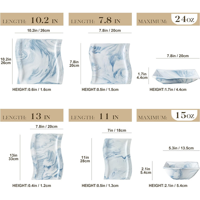 Серія Flora, 30 шт. Набір посуду з мармурової порцеляни Комбінований обідній сервіз з 6 кавовими чашками, 6 блюдцями, 6 десертними тарілками, 6 суповими тарілками та 6 плоскими тарілками (синіми, 26 шт. столовим сервізом)