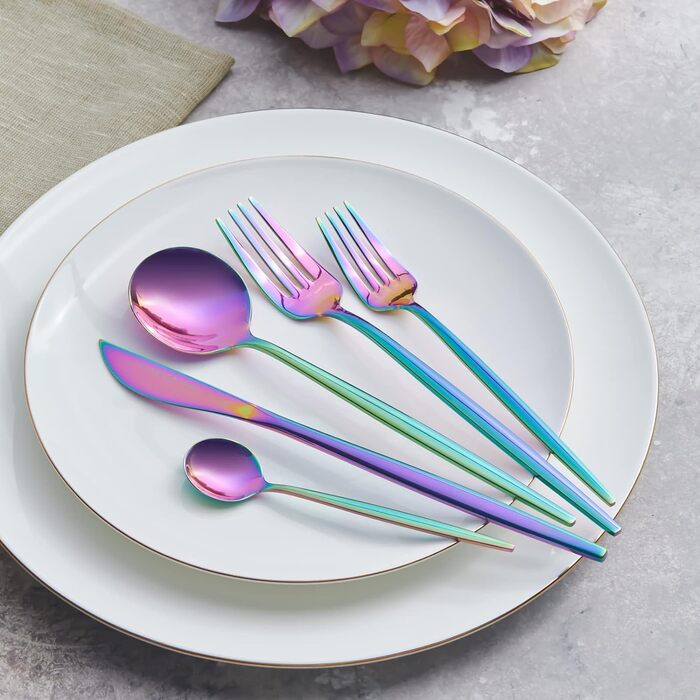 Набор столовых приборов из 30 предметов на 6 человек, сталь, обеденный нож из 6 предметов, 6 столовых ложек, 6 обеденных вилок, 6 десертных вилок, 6 чайных ложек, современный дизайн (матовая радуга)