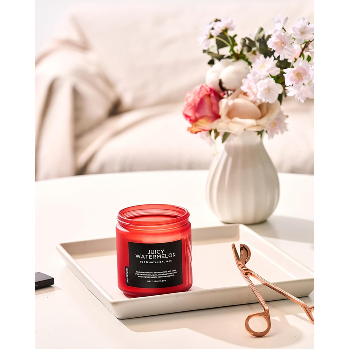 Ароматичні свічки M&SENSE Кава у скляній банці з 2 гнітами 330 г, час горіння 70 годин, свічка з натурального соєвого воску для спальні, кухні, декору дому, подарункова свічка для чоловіків та жінок, смажена кава (соковитий кавун)