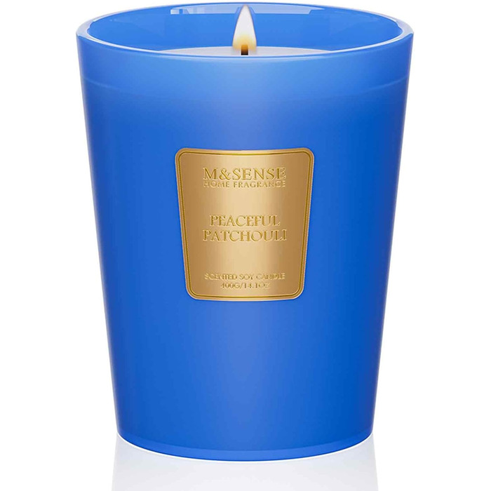 Ароматична свічка M&SENSE надзвичайно велика, час горіння 150 годин, натуральна ароматерапевтична свічка з 3 гнітами, сильний аромат, тривале горіння, подарункова свічка та прикраса для дому, подарунки для жінок (400 г, мирний пачулі)