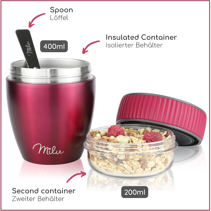 Стаканчик для пластівців Milu 400 мл з назвою MsliMax для йогурту герметичний стаканчик з ложкою (ягідний, нержавіюча сталь)