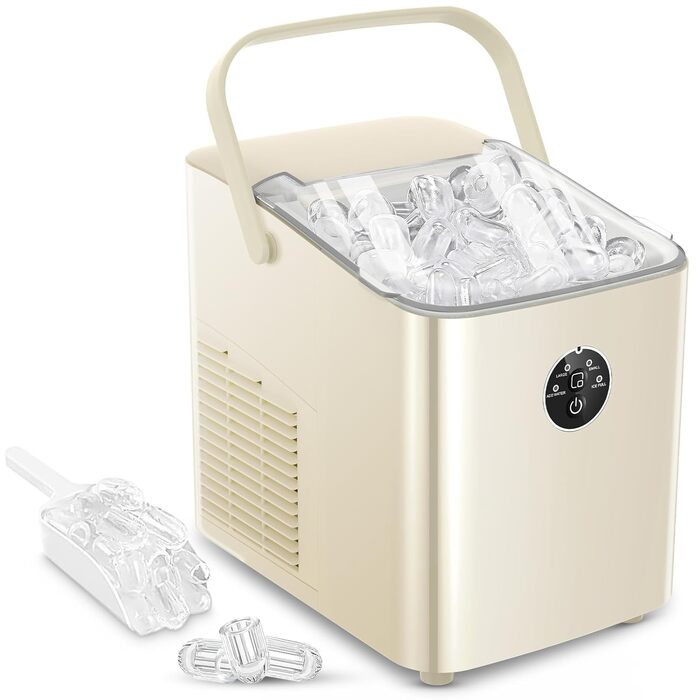 Льодогенератор FOHERE 14 кг 24 години, 8 кубиків льоду за 6 хвилин, 2 розміри кубиків льоду, самоочисний льодогенератор з ручкою, льодосборником та кошиком, льодогенератор для вечірки, офісу, автофургона (білий)