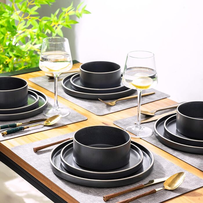 Набір посуду LeRatio для 6 осіб, 18-предметний набір керамічного посуду, керамічна миска та тарілка, стійкі до подряпин (18-предметний набір, антрацитово-сіро-білий обідок з цятками)
