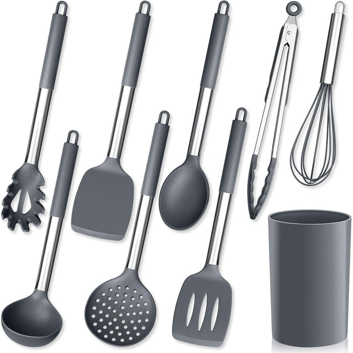 Набор кухонных гаджетов Herogo, 9 предметов силиконовой кухонной утвари, набор кухонных столовых приборов с держателем для посуды, набор шпателей для серой кухонной утвари с ручкой из нержавеющей стали, термостойкий и антипригарный