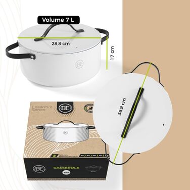 Каструля Be Living Essential з кришкою Ø 28 см з кришкою, антипригарна кераміка, індукційна, без PTFE та PFOA, (7 літрів, біла)