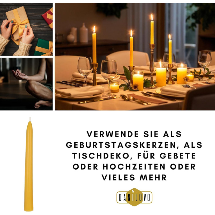 Набір з 10 конічних свічок 2 х 30 см з бджолиного воску, жовтий Danilovo