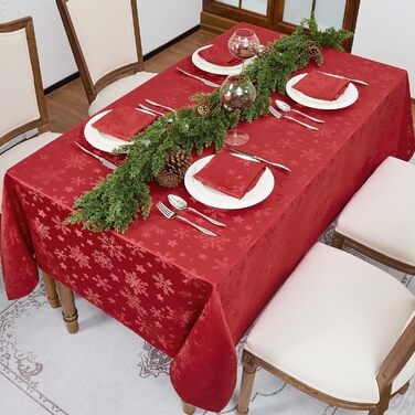 Велика різдвяна скатертина Romanstile, яку можна прати та вона водовідштовхувальна, жакардові зірки та сніжинки, квадратна скатертина XXL для зими, різдвяної прикраси, вечірки, Різдва (140 x 180 см, червона)