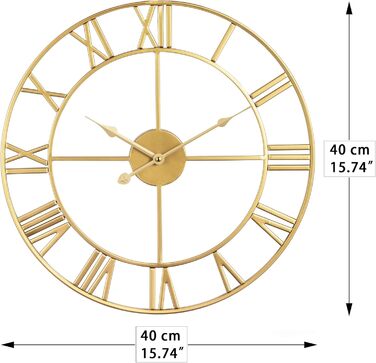 Великий круглий металевий настінний годинник у вінтажному стилі, безшумний, не цокаючий, працює на батарейках, 40 см, 16 дюймів, римські цифри, годинники для вітальні, спальні, кухні, настінний годинник, прикраса (золотий, 40 см)