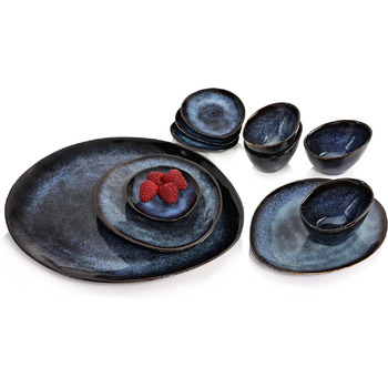 СПІВАЧКА Набір тарілок Токіо 12 шт. , Набір посуду 4 персони, Столовий посуд Столовий посуд, Столовий сервіз в т.ч. Тарілка обідня тарілка Тарілка і миска, Обід, Столовий сервіз темно-синій з чорними вставками (Набір тарілок 1)