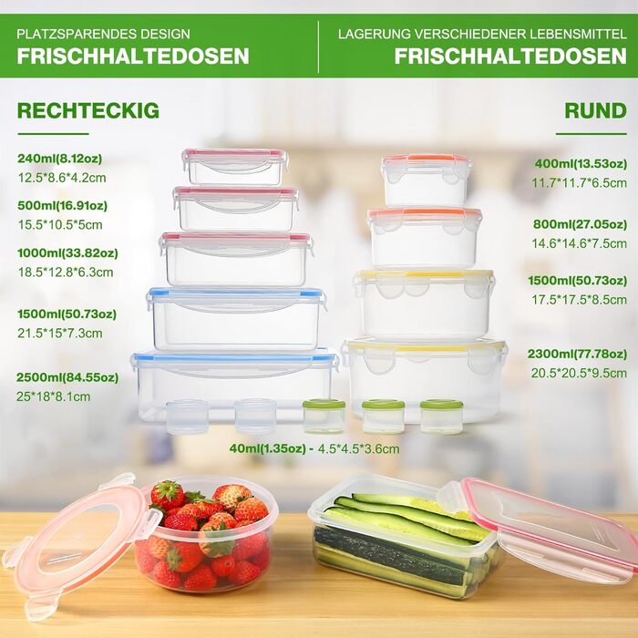 Контейнери для зберігання харчових продуктів з кришками, 16 шт. (8 контейнерів, 8 кришок), набір контейнерів для зберігання, 100 герметичні, без BPA, 0,24-1,5 л (SE-28PCS)