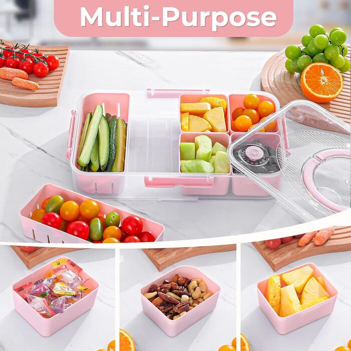 Коробка для снеків Luxear з 14 відділеннями, тарілка для снеків з кришкою та ручкою, багаторазова миска для снеків для дітей, органайзер для снеків, горіхів, фруктів, спецій, для вечірки-пікніка, можна мити в посудомийній машині, білий (рожевий, 2 комплек