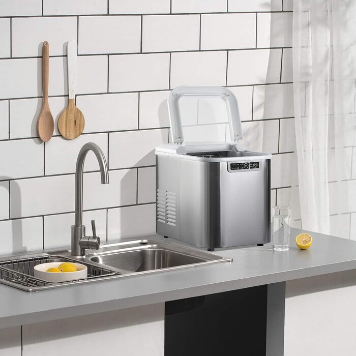 Невеликий льодогенератор WOLTU, 2,2-літровий льодогенератор, самоочисний за 4 хвилини, 2 розміри кубиків льоду, 12 кг льоду за 24 години, льодогенератор для дому, кухні, кемпінгу, автофургона, (сріблястий)