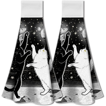 Набір з 2 різдвяних кухонних рушників для підвішування з петлею, рушник з написом Веселого Різдва, мякий абсорбуючий мікрофібровий рушник для підвішування, 31,5 x 34,5 см для домашнього свята (кіт)