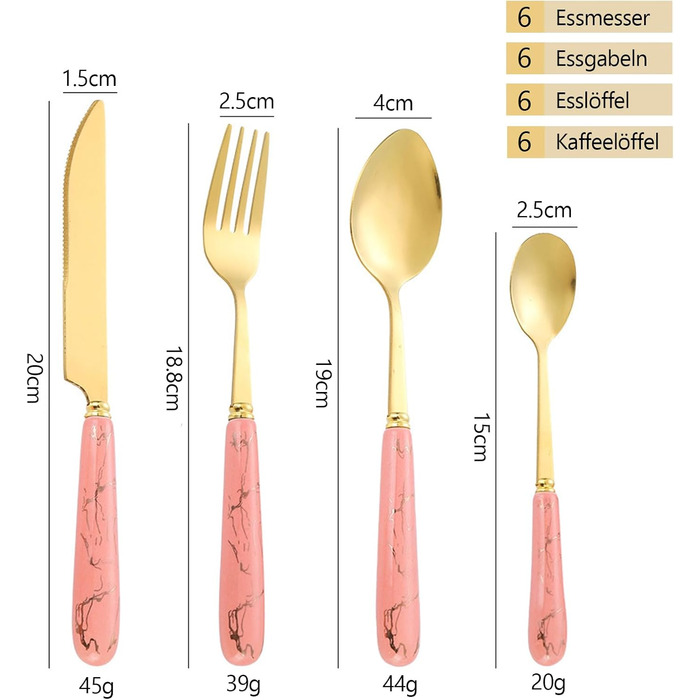 Набір столових приборів з 24 предметів, на 6 осіб, рожевий Justup