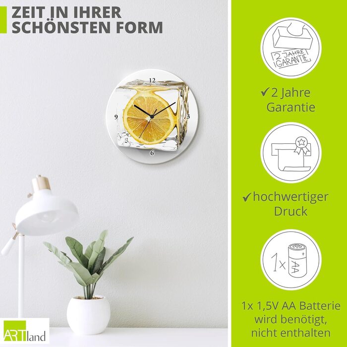 Настінний декоративний годинник без цокання скла Ø 30 см круглий безшумний фрукт апельсин у воді фрукти сучасна їжа T5UI (лимон у кубику льоду, кварцовий годинник)