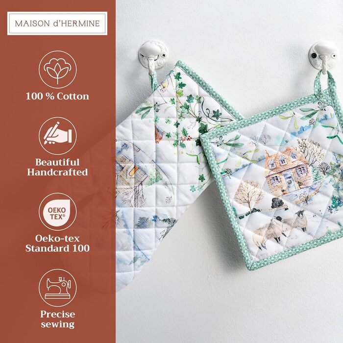 Рукавички для духовки, прихватки для каструль Maison d&39 Hermine, 100 бавовна, термостійкі кухонні рукавички, рукавички для духовки (19 x 33 см) та прихватки для каструль (20 x 20 см) для приготування їжі, Морзін - Рукавички для духовки (19 x 33 см) та п