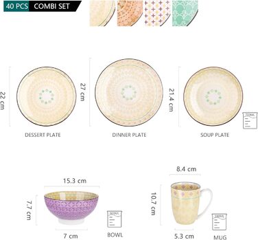 Набор фарфоровой посуды Haruka, 48 шт. - Mness aptieka Набор круглых комбинированных сервизов на 12 человек, включает чашки, миски, десертные тарелки и обеденные тарелки (тюльпан, обеденный сервиз из 40 предметов)