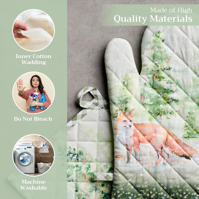 Рукавички для духовки Maison d&39 Hermine, Прихватки для каструль, 100 бавовна, термостійкі кухонні рукавички, рукавички для духовки (19 x 33 см) та прихватки для каструль (20 x 20 см) для приготування їжі, Morzine - Рукавички для духовки (19 x 33 см) та 