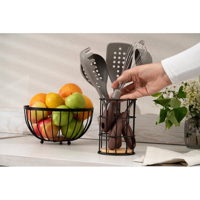 ARDESTO Подставка для столовых приборов Midori 11х11х17см, металл, бамбук, черная