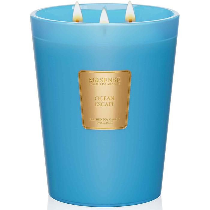 Ароматична свічка M&SENSE надзвичайно велика, час горіння 150 годин, натуральна ароматерапевтична свічка з 3 гнітами, сильний аромат, тривале горіння, подарункова свічка та прикраса для дому, подарунки для жінок (990 г, Ocean Escape)