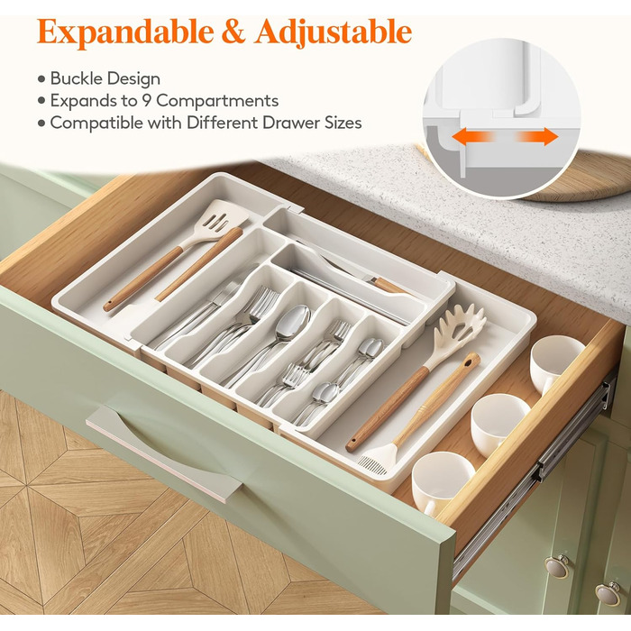 Органайзер для столових приборів 57 х 38 см для шухляд, 9 відділень, білий Lifewit