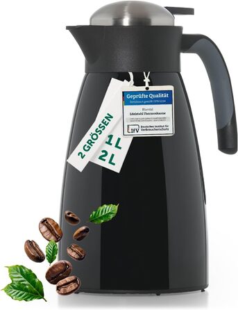 Термос Blumtal 2 літри - Чайник без бісфенолу А з кришкою швидкого напилення - Термокавник для тривалої ізоляції, термостійкий, глечик 2 л - Термос 2 л - Чайник, термосріблястий (чорний, 2000 мл)