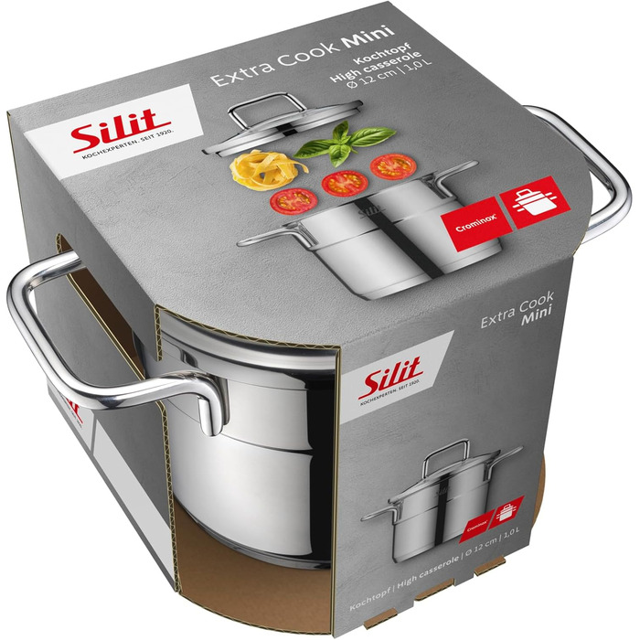 Набір посуду Silit Extra Cook каструлі 12/14 см зі скляною кришкою, внутрішньою мірною шкалою, широким обідком для зливу, з нержавіючої сталі Crominox, для невеликих порцій, компактно складаються, запобігають капанню (каструля для мяса, 12 см)