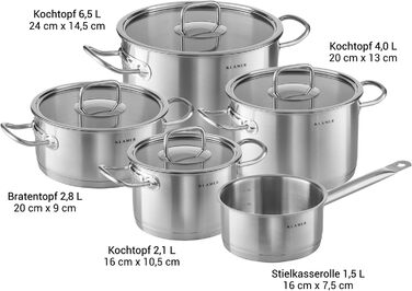 Набор кастрюль из нержавеющей стали со стеклянными крышками, 5 предметов Klamer