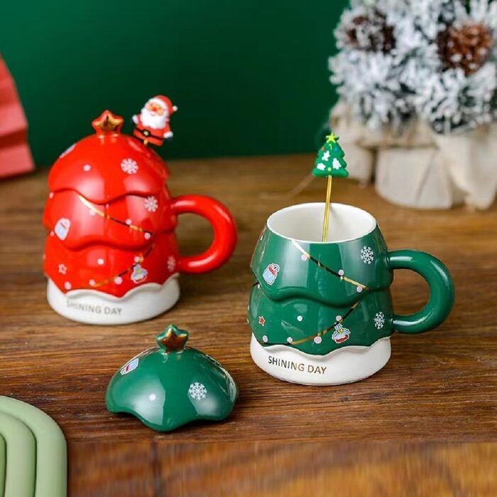 Кавовий кухоль 400 мл Різдвяна ялинка з кришкою та паличкою для перемішування, червоний YDoLimmer