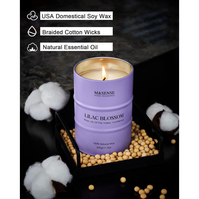 Ароматичні свічки M&SENSE з натурального соєвого воску, натуральна соєва свічка для домашнього декору, тривалий час горіння до 70 годин, класні подарунки-свічки для чоловіків та жінок (320 г, цвіт бузку)